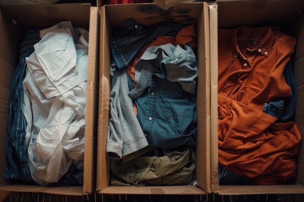 Photo trois boîtes de carton remplies de vêtements les boîtes sont de tailles et de couleurs différentes les vêtements sont mélangés et non organisés concept de désordre et de chaos