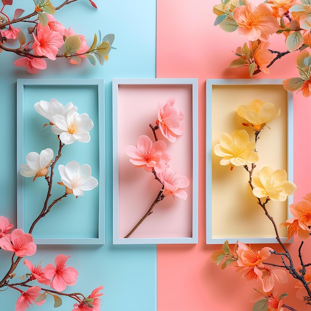 Trois boîtes de différentes couleurs avec des fleurs en eux sur un fond rose et bleu avec un rose et