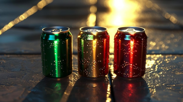 Photo trois boîtes de soda en fer de couleurs vives avec de la condensation sur un fond sombre pour la publicité et le marketing