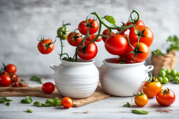 trois bols blancs avec des tomates et l'un d'eux a une tomate dessus