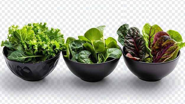 Photo trois bols de légumes à feuilles fraîches sur un fond blanc les bols contiennent différents types de légumes comme les épinards de laitue et le chou