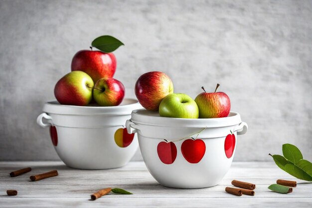 trois bols de pommes et un avec une pomme rouge sur le côté