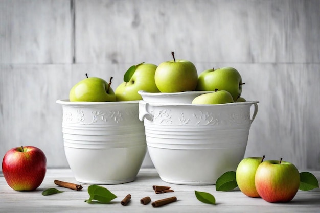 trois bols de pommes sont sur une table avec des feuilles et quelques feuilles