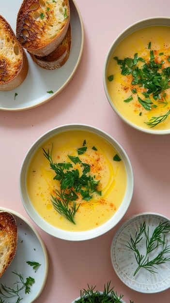 Trois bols remplis de soupe de légumes jaunes placés sur une table rose