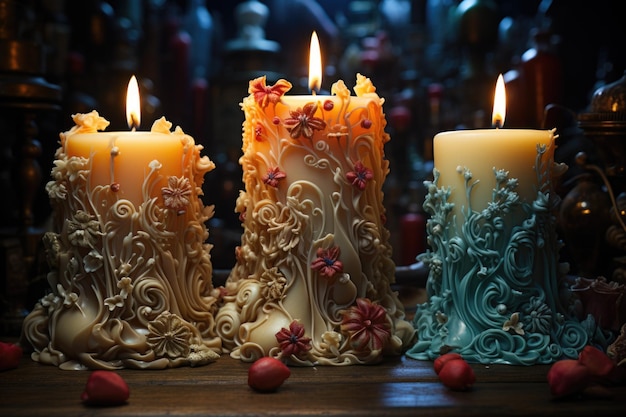 Photo trois bougies avec des dessins différents sur elles ai