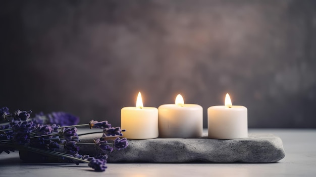 Trois bougies avec des fleurs de lavande sur une table