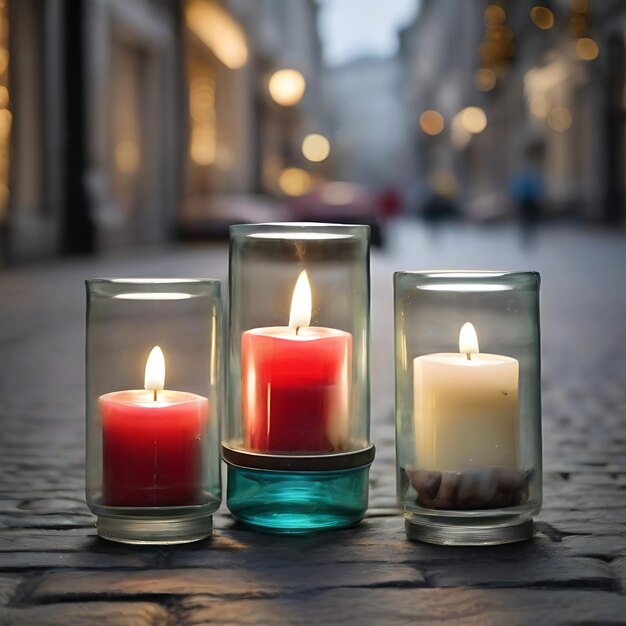 Trois bougies de verre avec une lumière AI