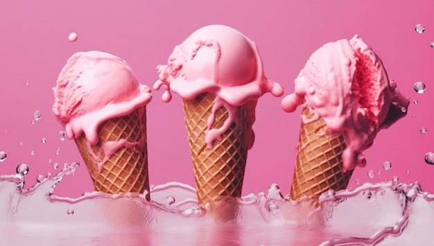 Trois boules de délicieuse crème glacée à la fraise dans un cône de gaufrette éclaboussures de lait rose ai générative