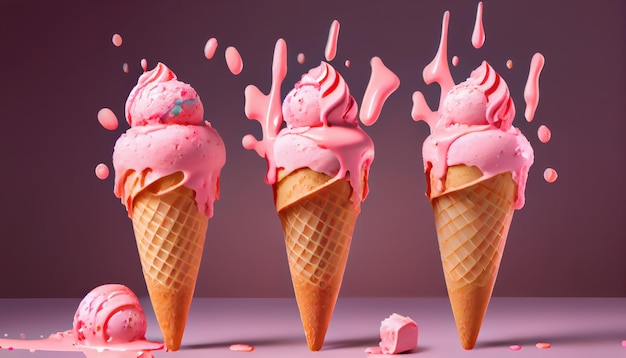 Trois boules de délicieuse glace à la fraise en wafle AI