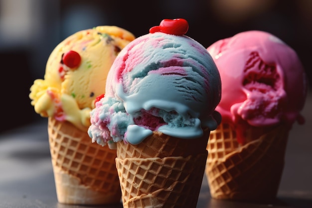 Trois boules de glace sont alignées.