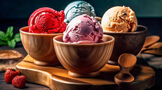 Trois boules de glace sont dans un bol en bois.