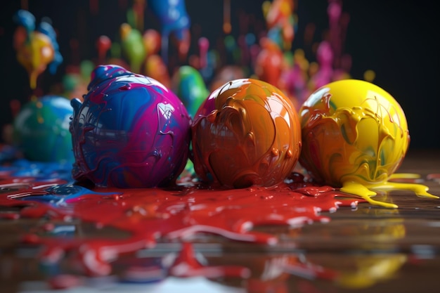 Trois boules de peinture sont posées sur une table à fond rouge.