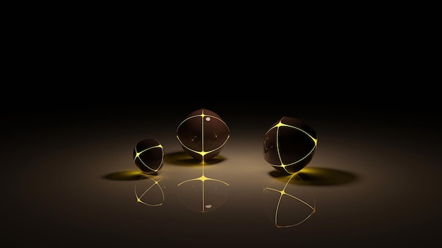 Trois boules de verre sur une surface noire avec une lumière dorée au milieu (Rendu 3D)