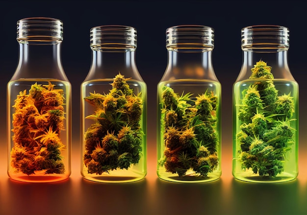 Trois bouteilles de cannabis sont alignées avec un liquide vert