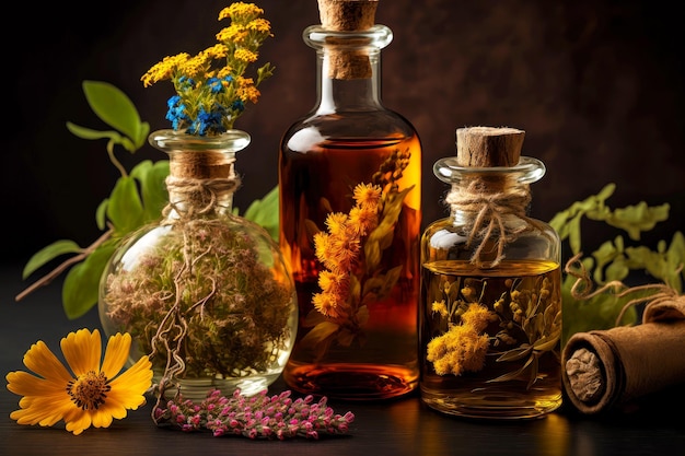 Trois bouteilles d'huile essentielle florale sur fond marron