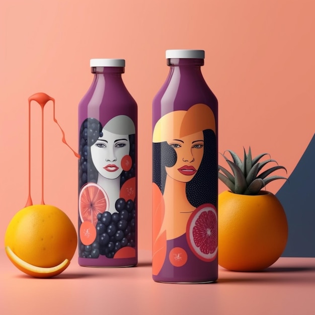 Photo trois bouteilles de jus avec une femme et une orange.