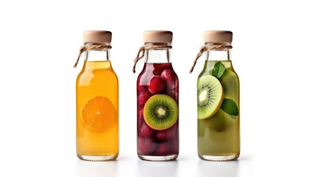 Trois bouteilles de jus de légumes ou de fruits naturels avec des bouchons noirs sans étiquettes isolés sur un fond blanc