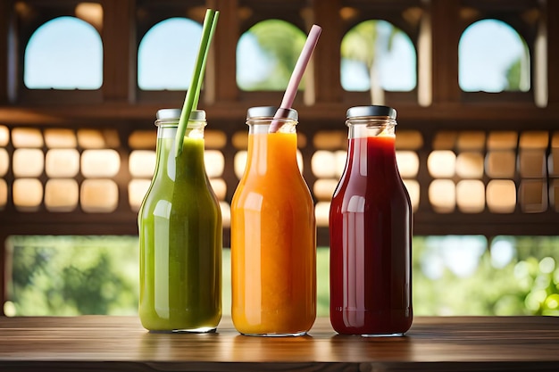 Trois bouteilles de jus avec des pailles devant une fenêtre