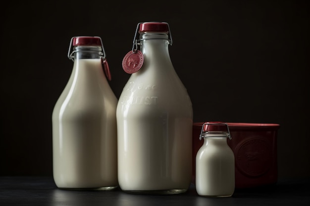 Trois bouteilles de lait avec un couvercle rouge et un couvercle rouge.