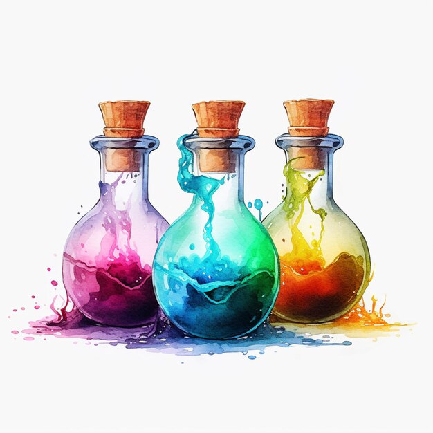 Photo trois bouteilles avec des liquides de couleurs différentes en eux sur une surface blanche générative ai