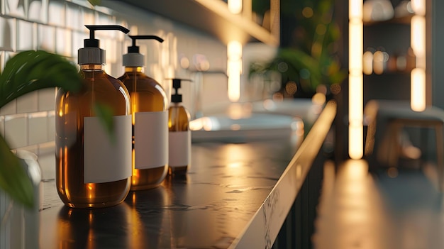 Photo trois bouteilles de verre de shampooing et de conditionneur avec des étiquettes blanches sont posées sur un comptoir dans un salon.