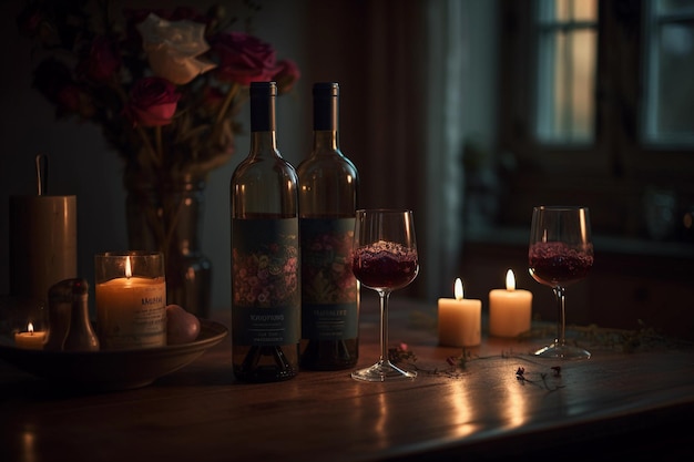Trois bouteilles de vin sont sur une table avec des bougies