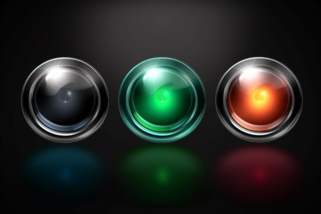 Trois boutons en verre avec une lumière verte et orange dessus.
