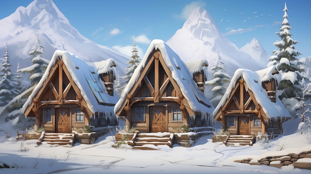 Trois cabanes de dessin animé dans la neige