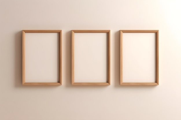 Trois cadres en bois vides sur un mur avec un qui dit 100 dessus.