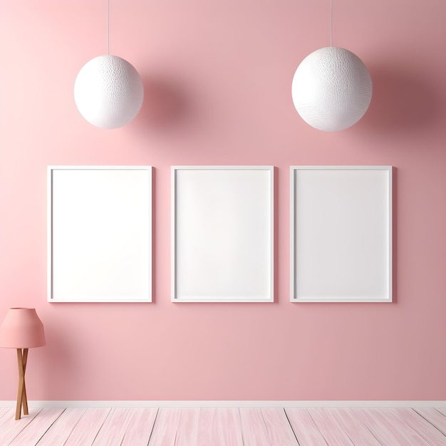Trois cadres sur un mur rose avec une lampe et une lampe.