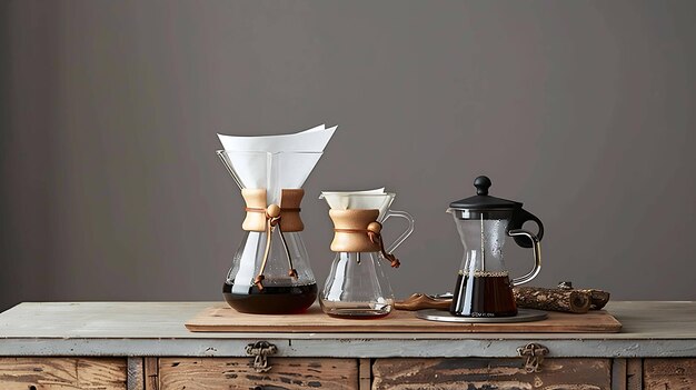 Trois cafetières différentes sont assises sur une table en bois sur un fond gris. Les cafetières sont toutes en verre et ont des dessins différents.