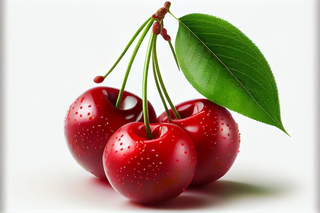 Trois cerises rouges fraîches avec des feuilles sur fond blanc