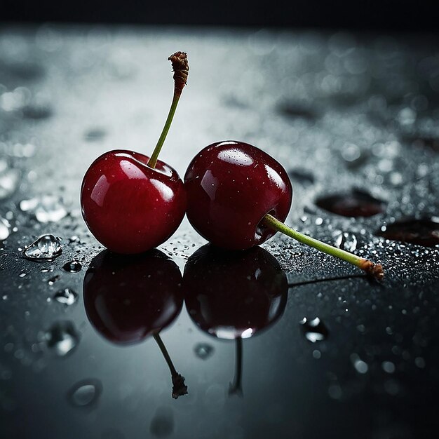 trois cerises sont sur une table sous la pluie