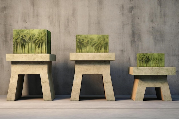 Trois chaises en bois avec des plantes vertes sur le fond du mur en béton