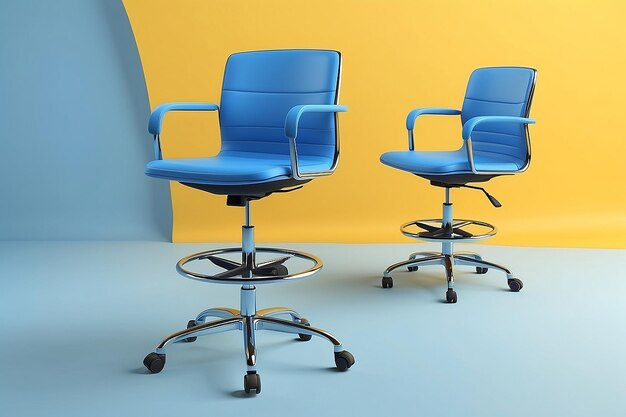 Trois chaises de bureau bleues flottant dans l'air sur un fond jaune le concept de travail de bureau rendu 3D