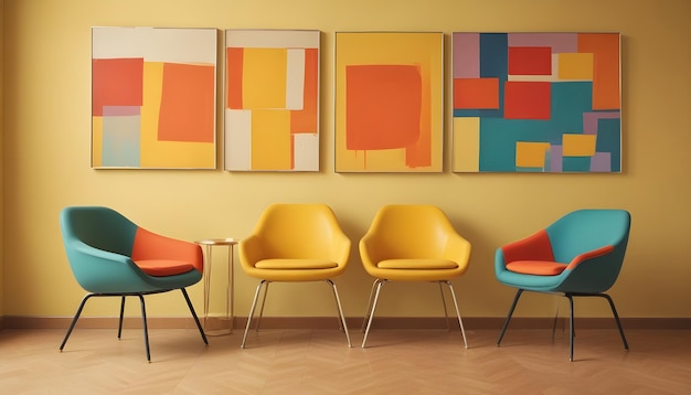 trois chaises avec des coussins orange et jaune et une avec de l'orange et du jaune sur le fond