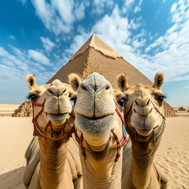 trois chameaux se tiennent devant une pyramide dans le désert