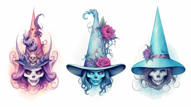 trois chapeaux de sorcières de couleurs différentes avec des crânes et des roses dessus ai générative