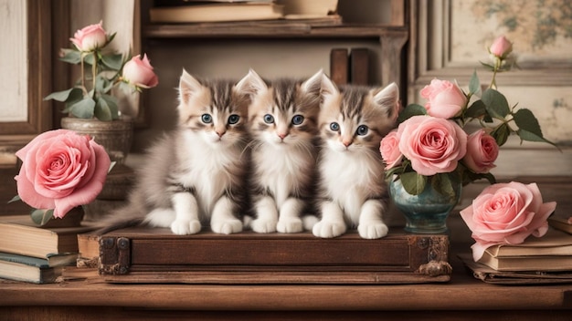 Trois chatons entourés de livres et d'un vase rempli de roses sur un placard vintage