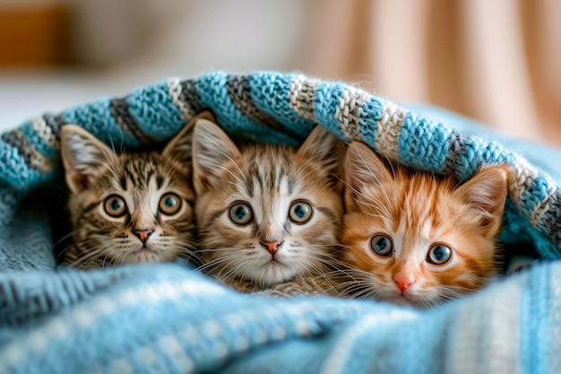 Trois chatons regardent de sous la couverture bleue