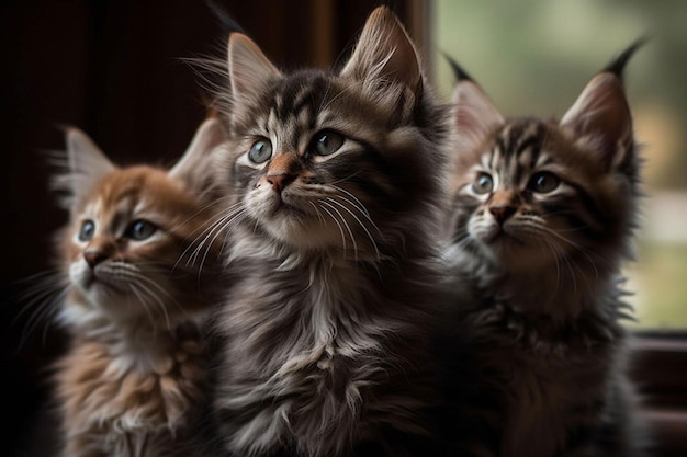 Trois chats d'affilée regardant par la fenêtre