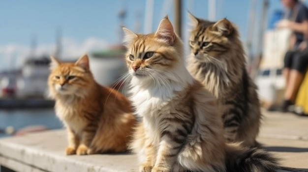 Trois chats assis sur un quai dont l'un est le mot chat