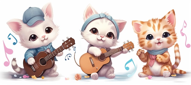 trois chats jouant de la musique avec une guitare et un chat portant un chapeau ai générative