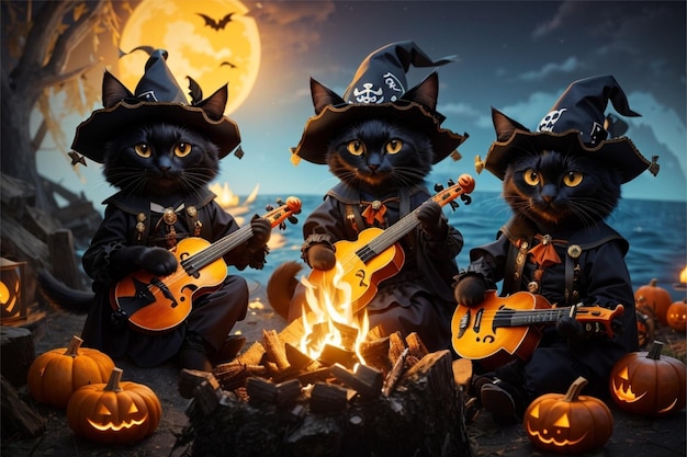 Trois chats noirs en costumes d'Halloween qui jouent de la guitare