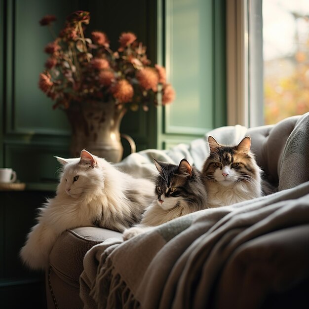 Trois chats se reposant sur un canapé