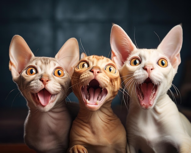 Photo trois chats sphynx qui ont la bouche ouverte meme