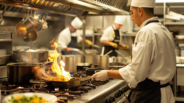 Trois chefs dans une cuisine commerciale sont occupés à préparer de la nourriture