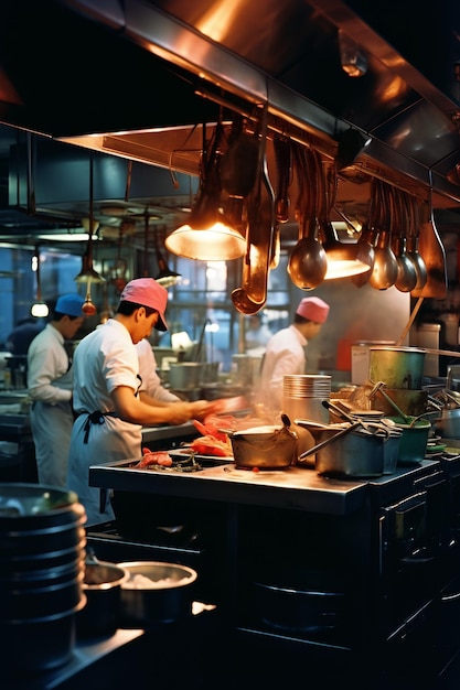 trois chefs dans une cuisine dont un portant un chapeau rose