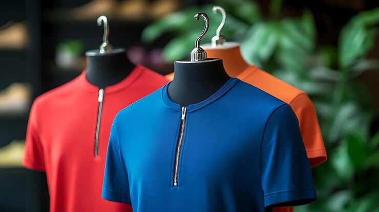 Trois chemises d'homme en bleu orange et rouge sur des cintreuses dans un magasin de détail