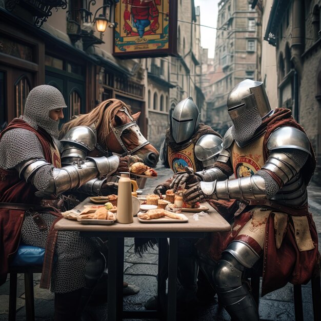 Photo trois chevaliers sont assis à une table et l'un a un signe qui dit roi sur lui